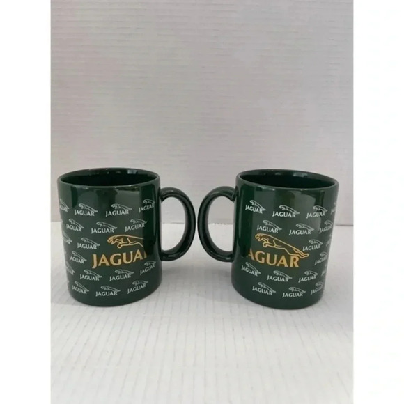 Set of 2 Jaguar Automotive Logo Coffee Mugs Green/Gold Made in the USA - Picture 3 of 9